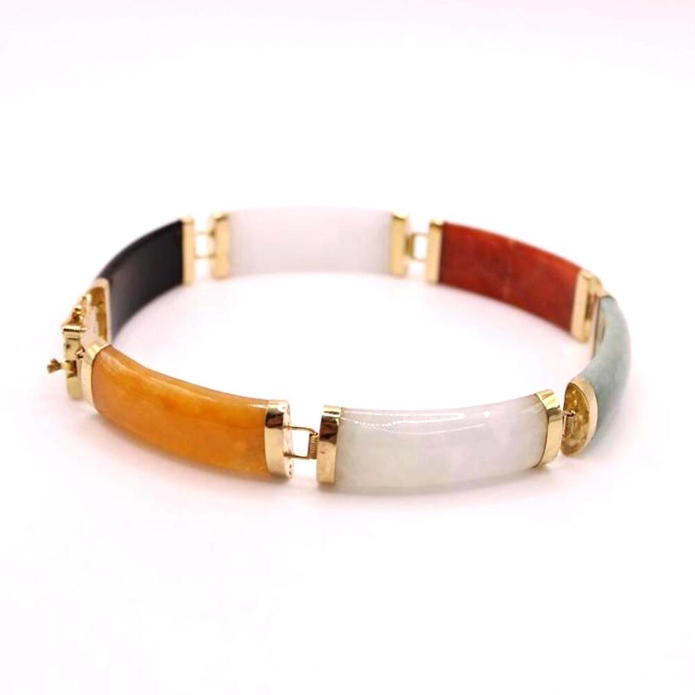 Vintage 14kt Gold Multi Color Jade Panel Bracelet Chinese Fu Symbol Lucky Clasp